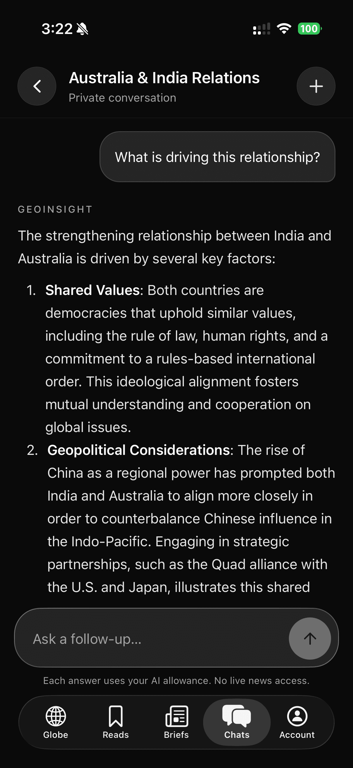 A private chat thread about Australia and India relations