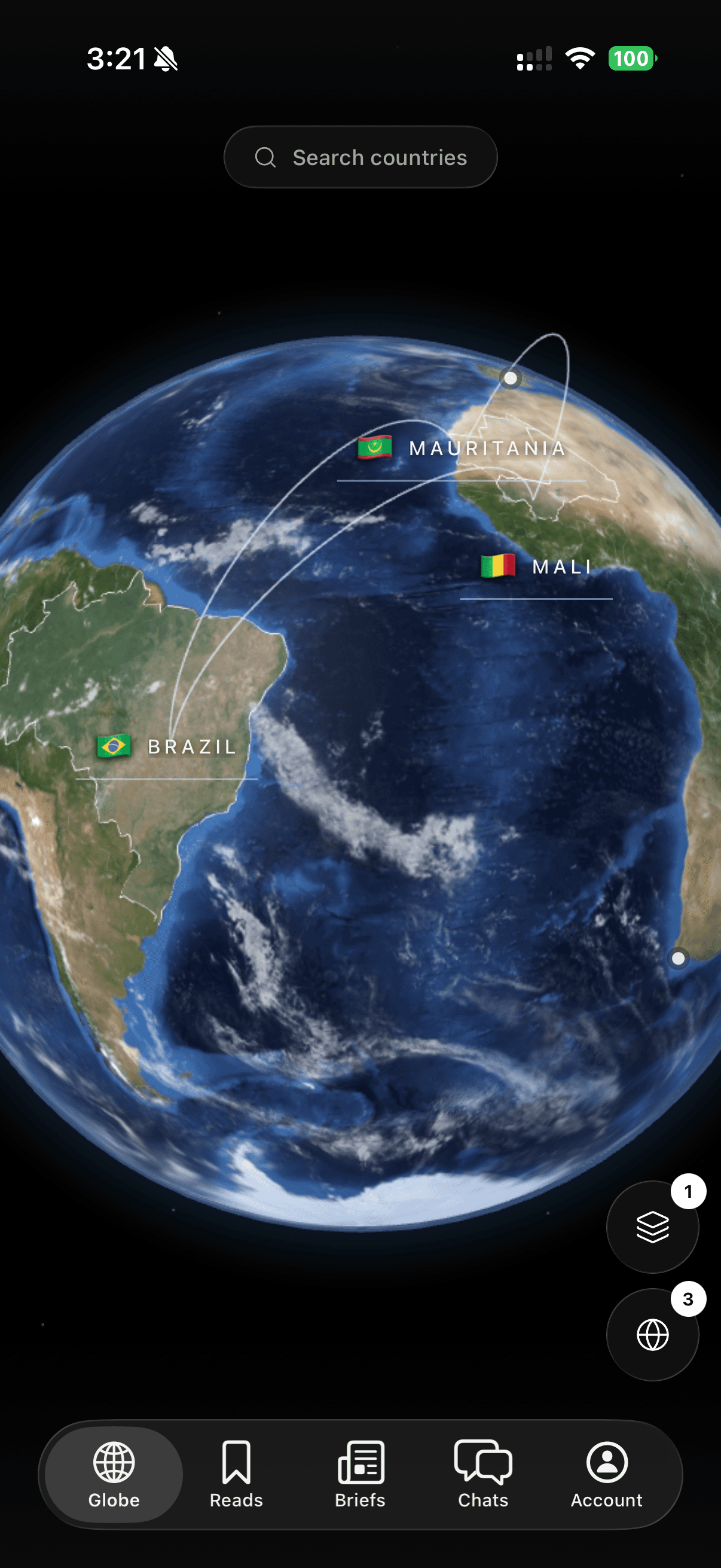 The GeoInsight globe showing Brazil, Mali and Mauritania linked by relationship arcs