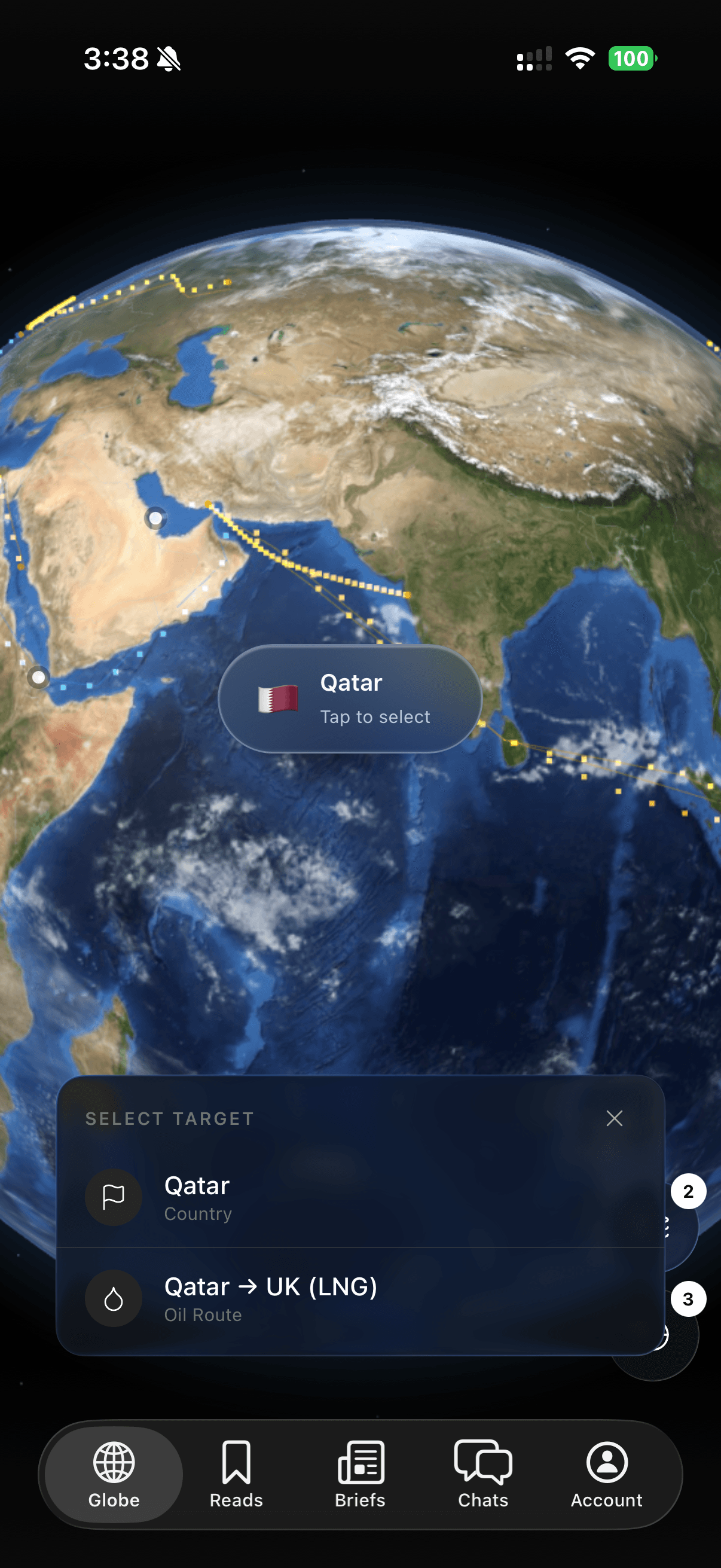 Oil route layer active over the Gulf, with Qatar selected
